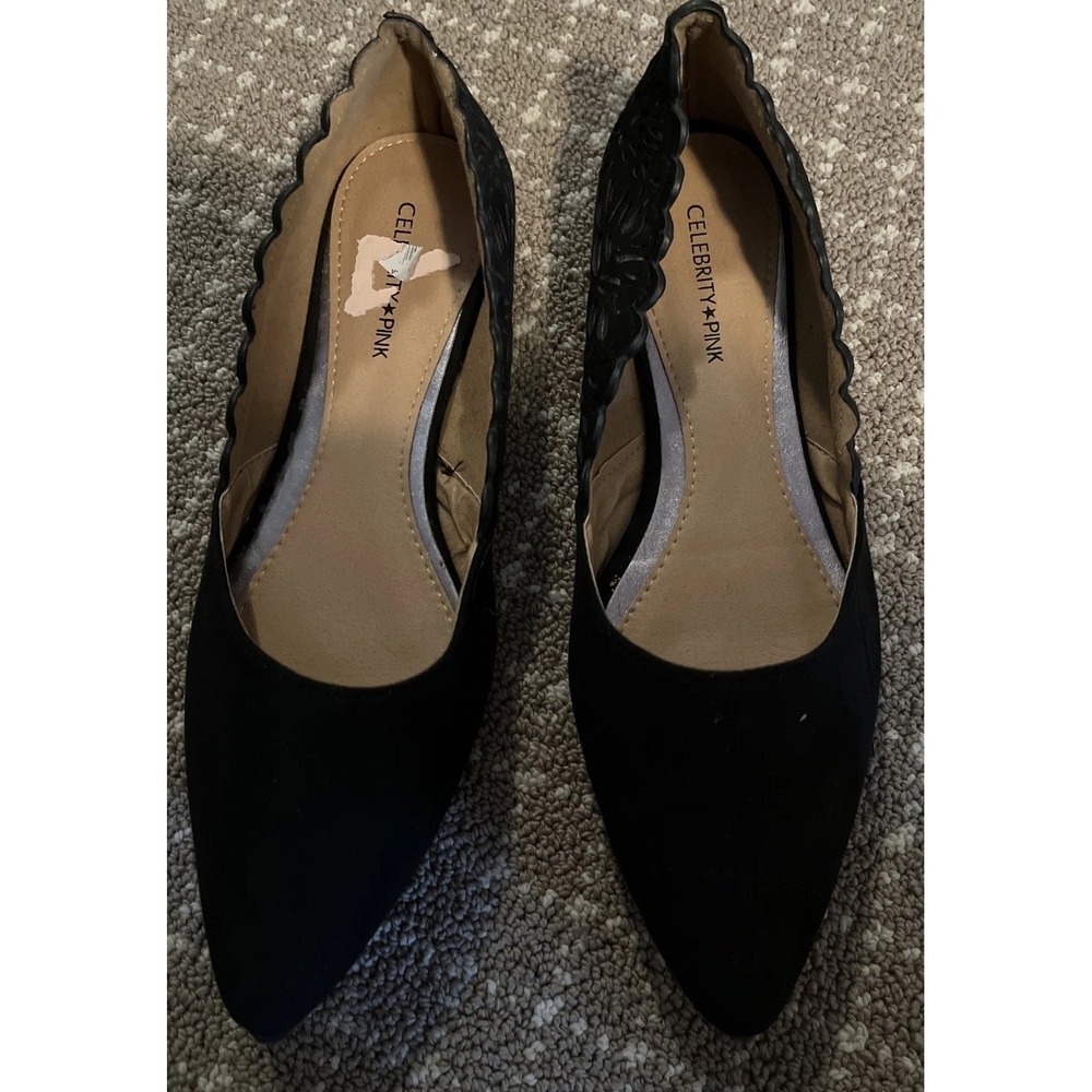 Celebrity Pink Black Suede Pointed Toe Ballet Flats Silver Trim Women 6